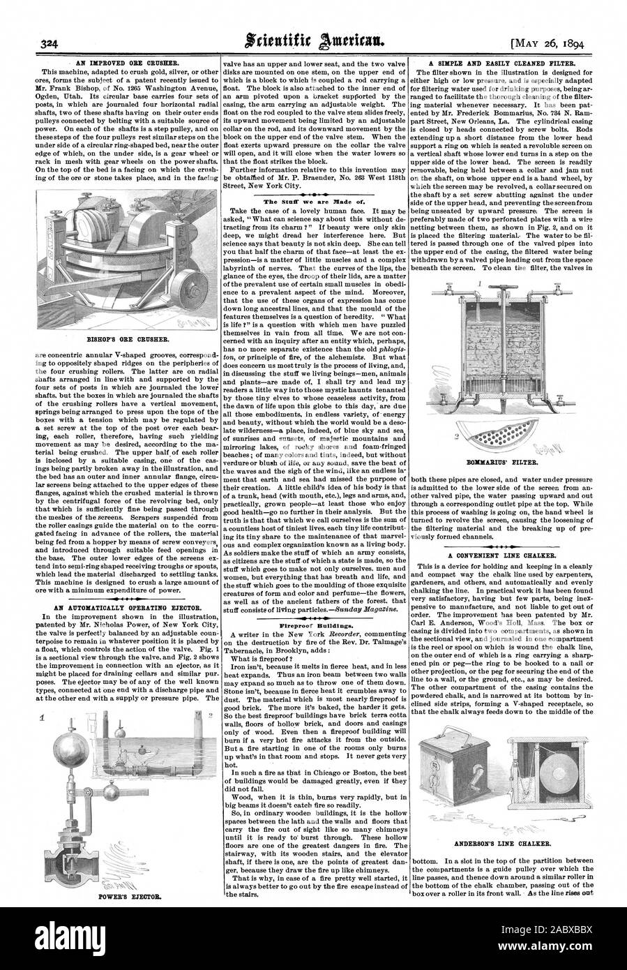L'AMÉLIORATION DE CONCASSEUR DE MINERAI. Concasseur de minerai de l'évêque. Un éjecteur d'exploitation automatiquement. L'ÉJECTEUR DE LA PUISSANCE. La substance que nous sont faites. Les bâtiments à l'épreuve. Un SIMPLE ET FACILE À NETTOYER LE FILTRE. BOXMARIITS' FIJTER. Une ligne PRATIQUE CHALKER. ANDERSON'S LINE CHALKER. J', Scientific American, 1894-05-26 Banque D'Images