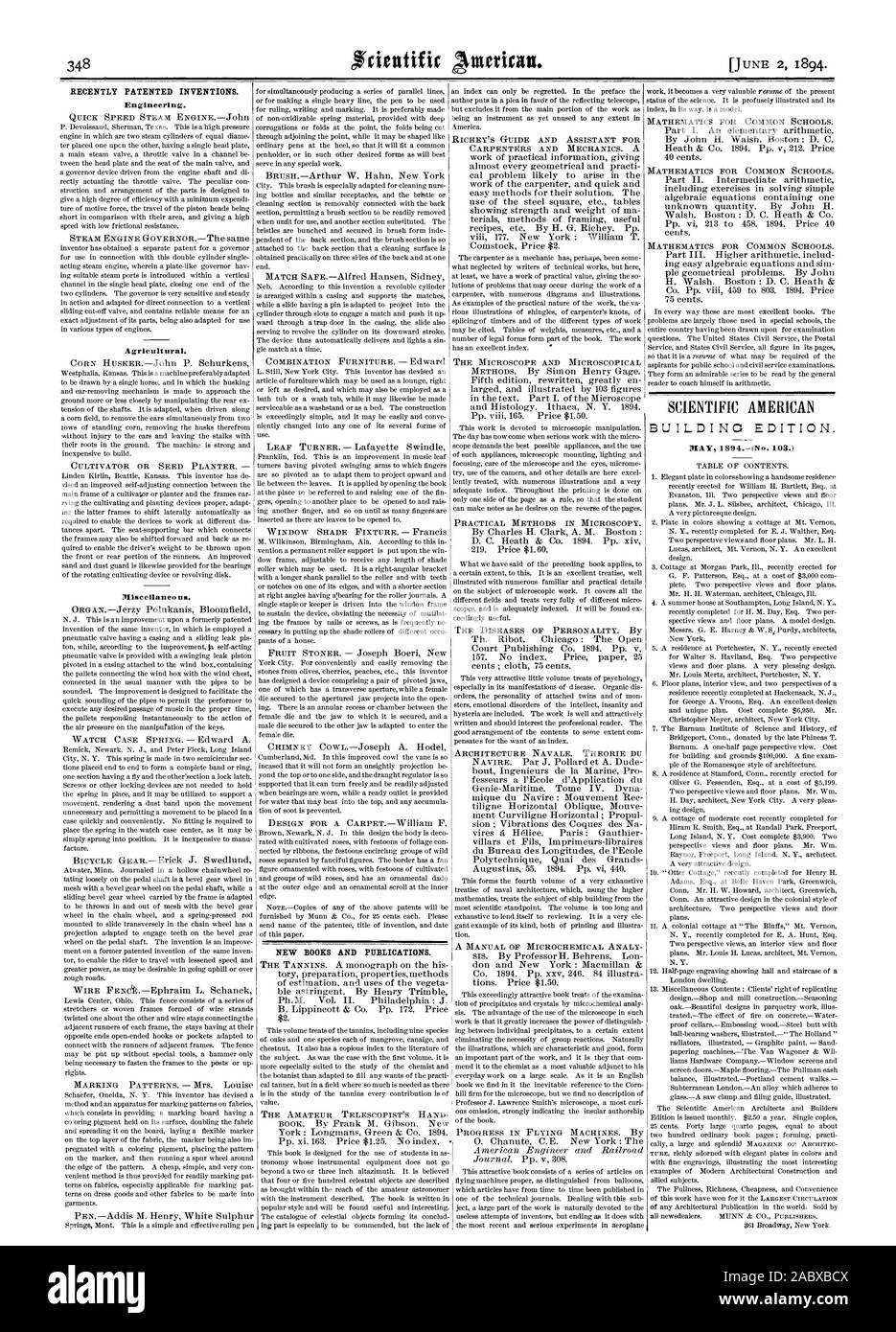 Récemment les inventions brevetées. De NOUVELLES PUBLICATIONS ET DES MALAPPRIS. SCIENTIFIC AMERICAN, 1894-06-11 Banque D'Images