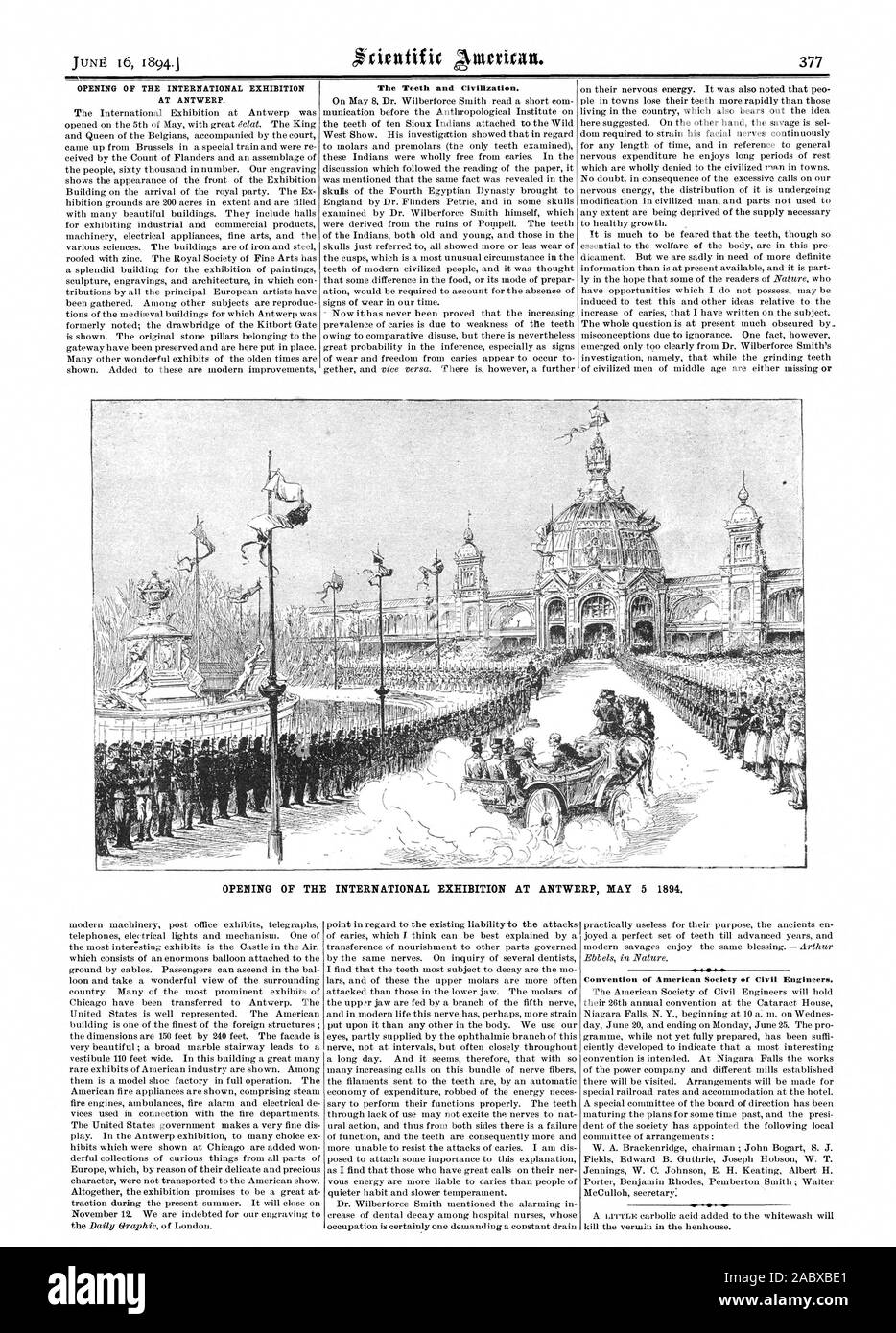 Les dents et la civilisation. Ouverture de l'EXPOSITION INTERNATIONALE À ANVERS. Ouverture de l'EXPOSITION INTERNATIONALE À ANVERS LE 5 MAI 1894 Convention de l'American Society of Civil Engineers., Scientific American, 1894-06-16 Banque D'Images