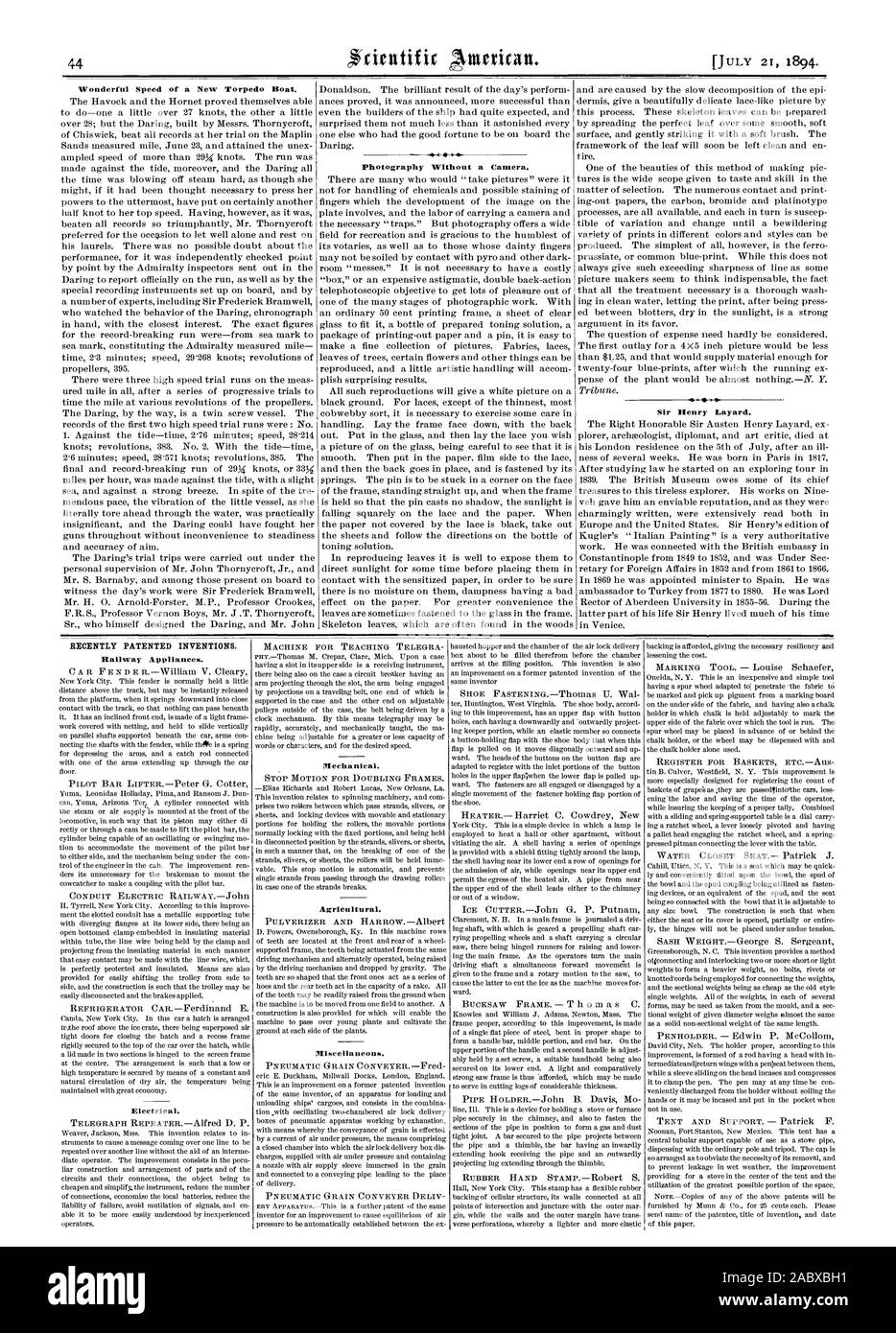 INVENTIONS BREVETÉES. Récemment, Scientific American, 1894-07-11 Banque D'Images