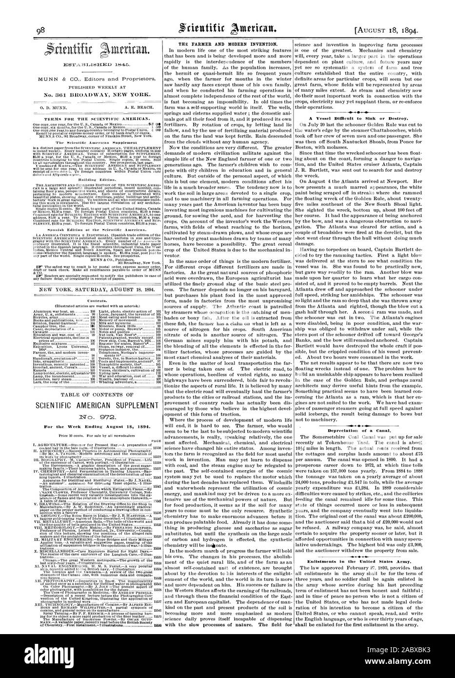 L'agriculteur et inventions modernes. Un navire difficile à couler ou de détruire. Dépréciation d'un canal. 44I0 44, Scientific American, 1894-08-18 Banque D'Images