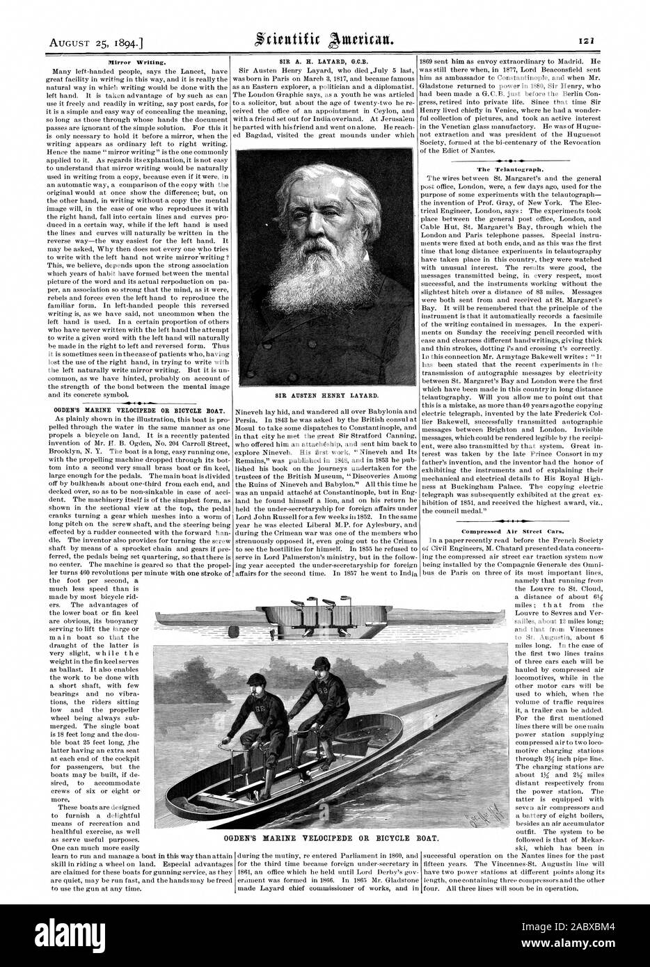 Le 25 août 1894. L'écriture miroir. OGDEN'S MARINE VÉLOCIPÈDE OU LOCATION DE BATEAU. SIR A. H. LAYARD G.C.B. SIR Austen Henry Layard. Le Telautograpli. L'air comprimé Voitures de rues. DEN'S MARINE VÉLOCIPÈDE OU LOCATION B ET L'avoine., Scientific American, 1894-08-25 Banque D'Images