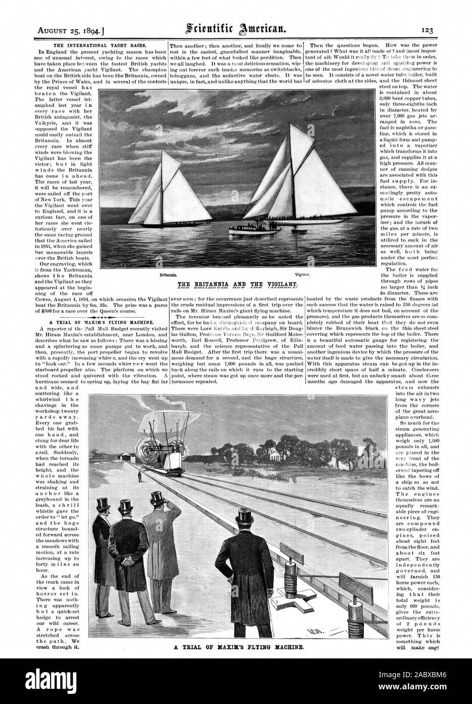 25 AOÛT 1894 L'INTERNATIONAL. Un procès de MAXIM'S FLYING MACHINE., Scientific American, 1894-08-25 Banque D'Images