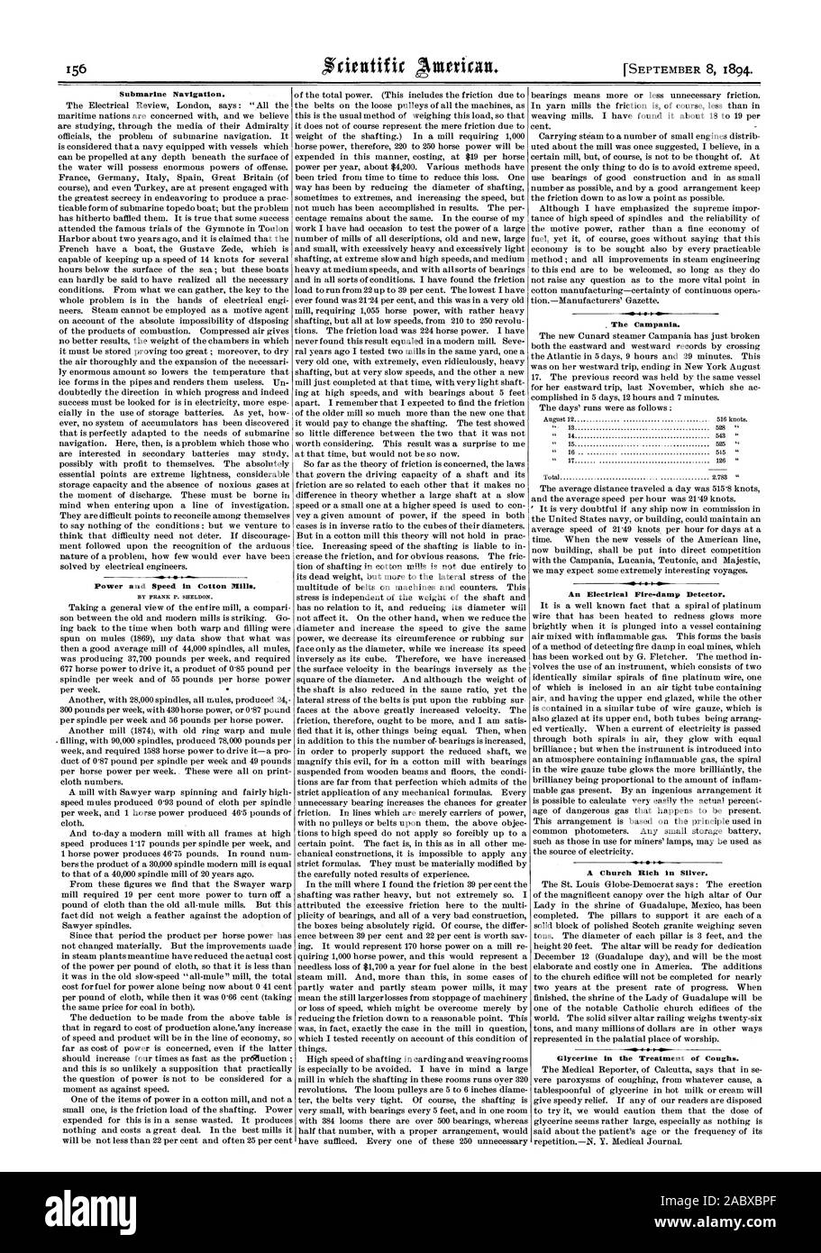 La Navigation sous-marine. Puissance et vitesse dans les usines de coton. La Campanie. Un incendie électrique-détecteur d'humidité. Une Église riche en argent. La glycérine dans le traitement des toux., Scientific American, 1894-09-11 Banque D'Images