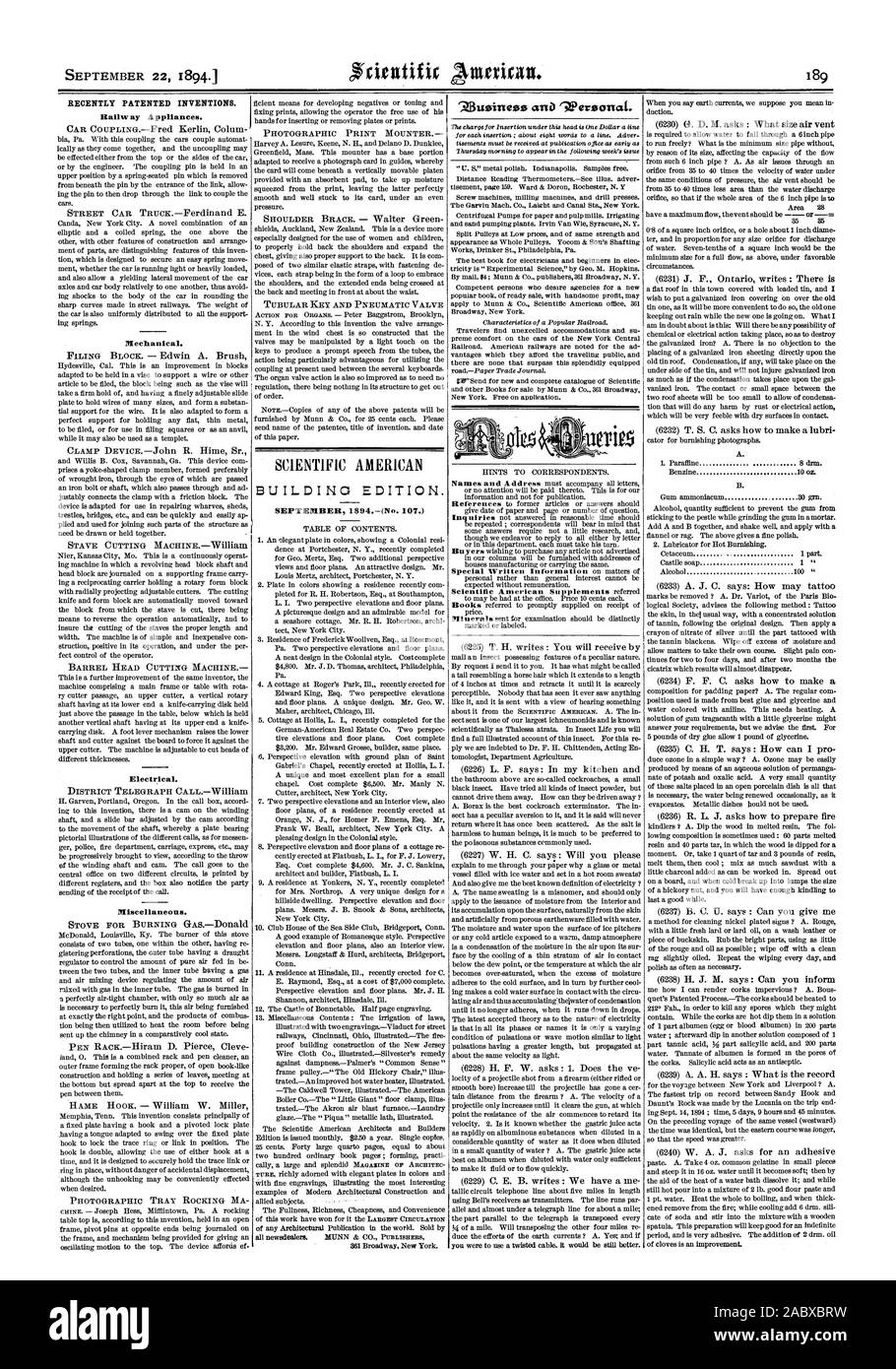 Récemment les inventions brevetées. Appareils de fer. Édition du bâtiment. Septembre 1894 (n. 107.), Scientific American, 1894-09-22 Banque D'Images