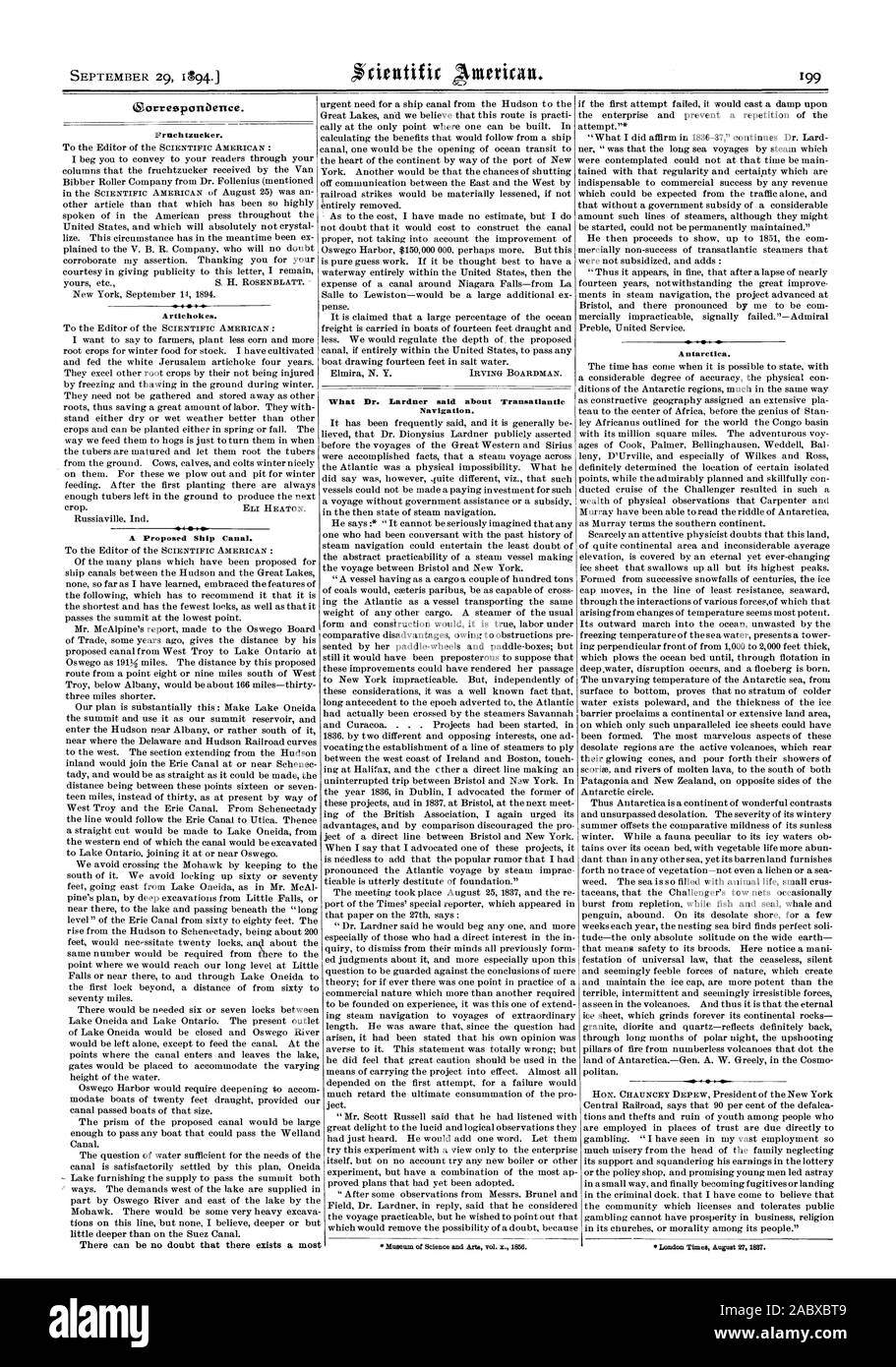 L'artichaut. Musée des sciences et des Arts vol. z. 1866. L'antarctique. Times de Londres le 27 août 1887. Un projet Ship Canal. Il ne fait aucun doute qu'il existe un plus ce que le Dr Lardner dit à propos de la navigation transatlantique., Scientific American, 1894-09-29 Banque D'Images