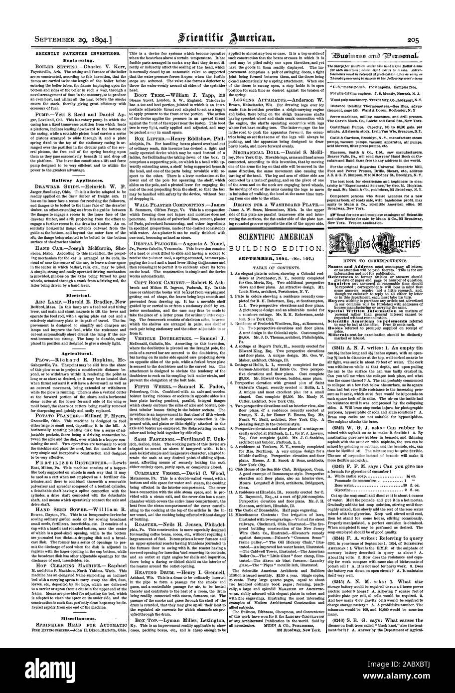 Récemment les inventions brevetées. «Zusinesz anDlIPeroonaL, Scientific American, 1894-09-29 Banque D'Images