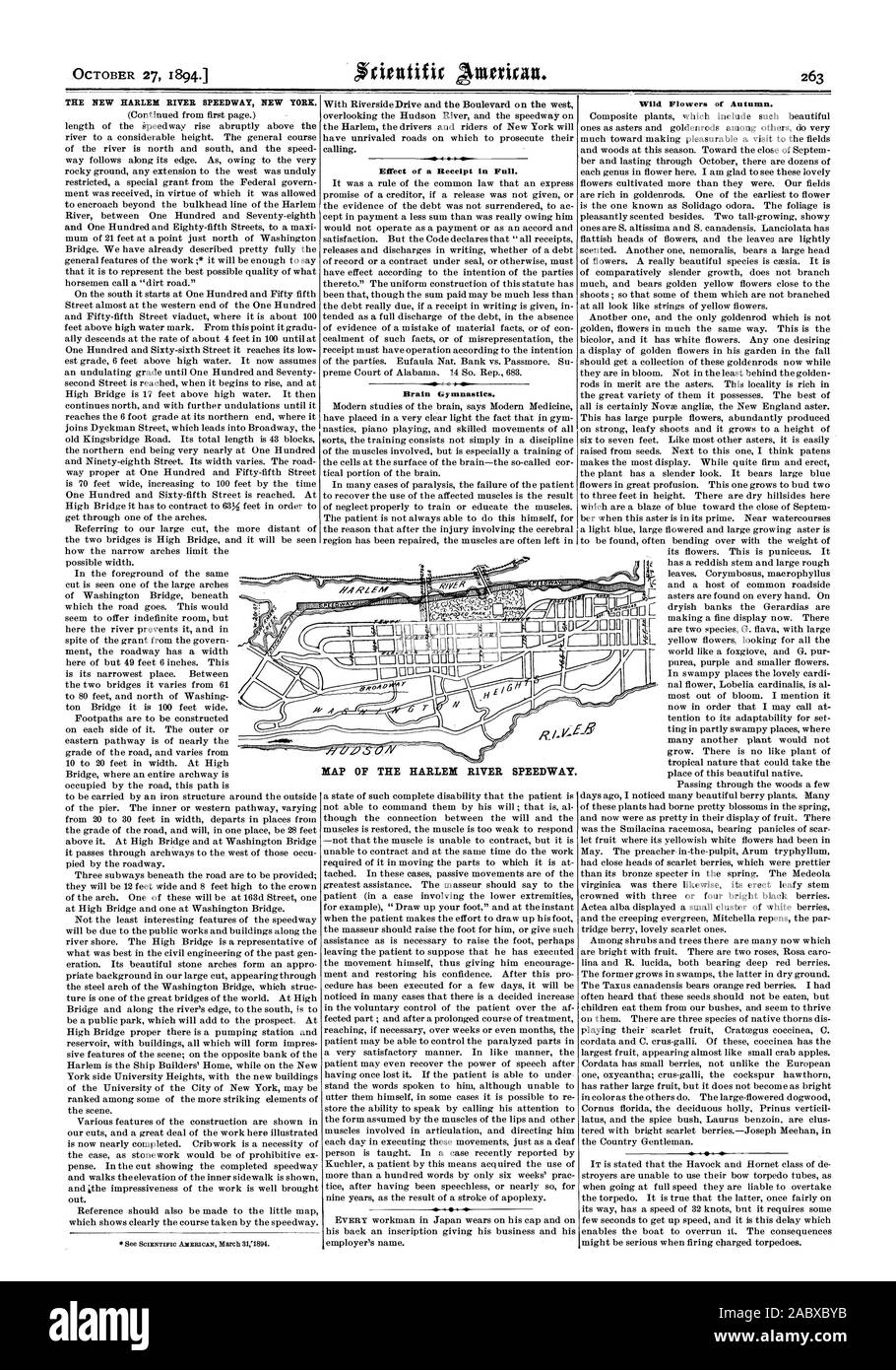 27 OCTOBRE 18941 LE NOUVEAU NEW HARLEM RIVER SPEEDWAY NEW YORK. Effet d'un reçu en totalité. La gymnastique du cerveau. Fleurs sauvages de l'automne. Carte de l'HARLEM RIVER SPEEDWAY., Scientific American, 1894-10-27 Banque D'Images