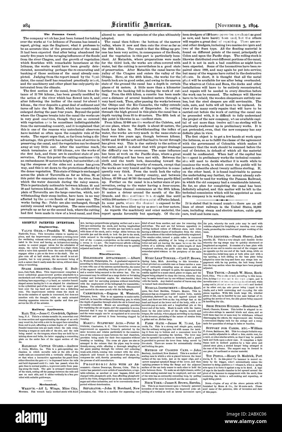 Le canal de Panama. Récemment les inventions brevetées. L'ingénierie. Appareils de fer. Mécanique. Divers., Scientific American, 1894-11-11 Banque D'Images
