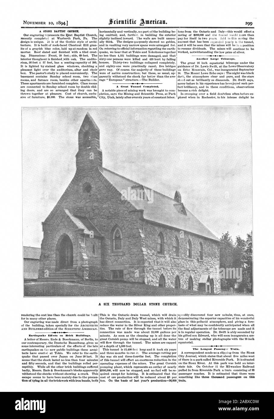 Je novembre 18941 UN BAPTISTE PIERRE MUNCH. Un grand tunnel achevé. Un autre grand télescope. Une Église EN PIERRE DE SIX MILLE DOLLARS. Les effets d'un séisme sur les bâtiments en brique. Le plus long train de voyageurs., Scientific American, 1894-11-10 Banque D'Images