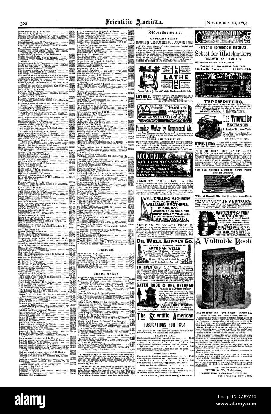 WILLIAMS BROTHERS. Ou MONTÉ SUR SILLS POUR LA VAPEUR OU DE L' 'POWER SUPPLY Co. de puits de pétrole des puits artésiens POUR LES INVENTEURS. ROCK & PORTES COUPE-MINERAI PUBLICATIONS pour 1894. 361 Broadway New York Air Comprould Wattr en pâte. ARBORUNDUM TOUR CATALOGUES MOTEURS MODÈLE Parson's Horological Institute. Graveurs et bijoutiers.. Les machines à écrire. Échangez la foudre monté complet plaque vis LES MEILLEURS AU MONDE. Le VANDUZEN TIFT CO. Un précieux ouvrage, Scientific American, 1894-11-10 Banque D'Images