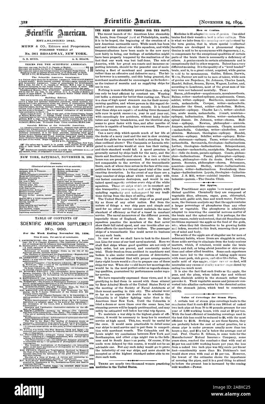 No 361 BROADWAY NEW YORK. SCIENTIFIC AMERICAN SUPPLEMENT No  9E36. Pour la semaine se terminant le 24 novembre 1894. Le BESOIN DE NAVIRES POUR LA MARINE EFFICACE. Medicine des États-Unis. Les hommes ou Genius. Manger des pommes. Valeur d'habillages pour conduites de vapeur., 1894-11-24 Banque D'Images