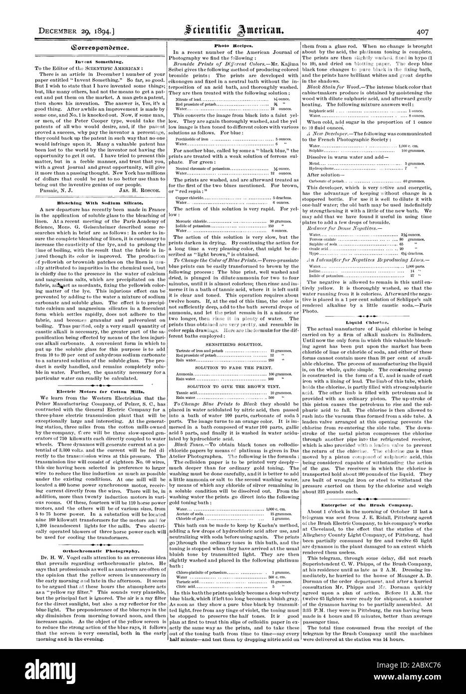 29 DÉCEMBRE 1894.arresponbence. Inventer quelque chose. Le blanchiment à base de silicate de sodium. Moteurs électriques pour les usines de coton. Photographie orthochromatique. Recettes de la photo. Le chlore liquide. Entreprise de l'entreprise. Pinceau, Scientific American, 1894-12-29 Banque D'Images