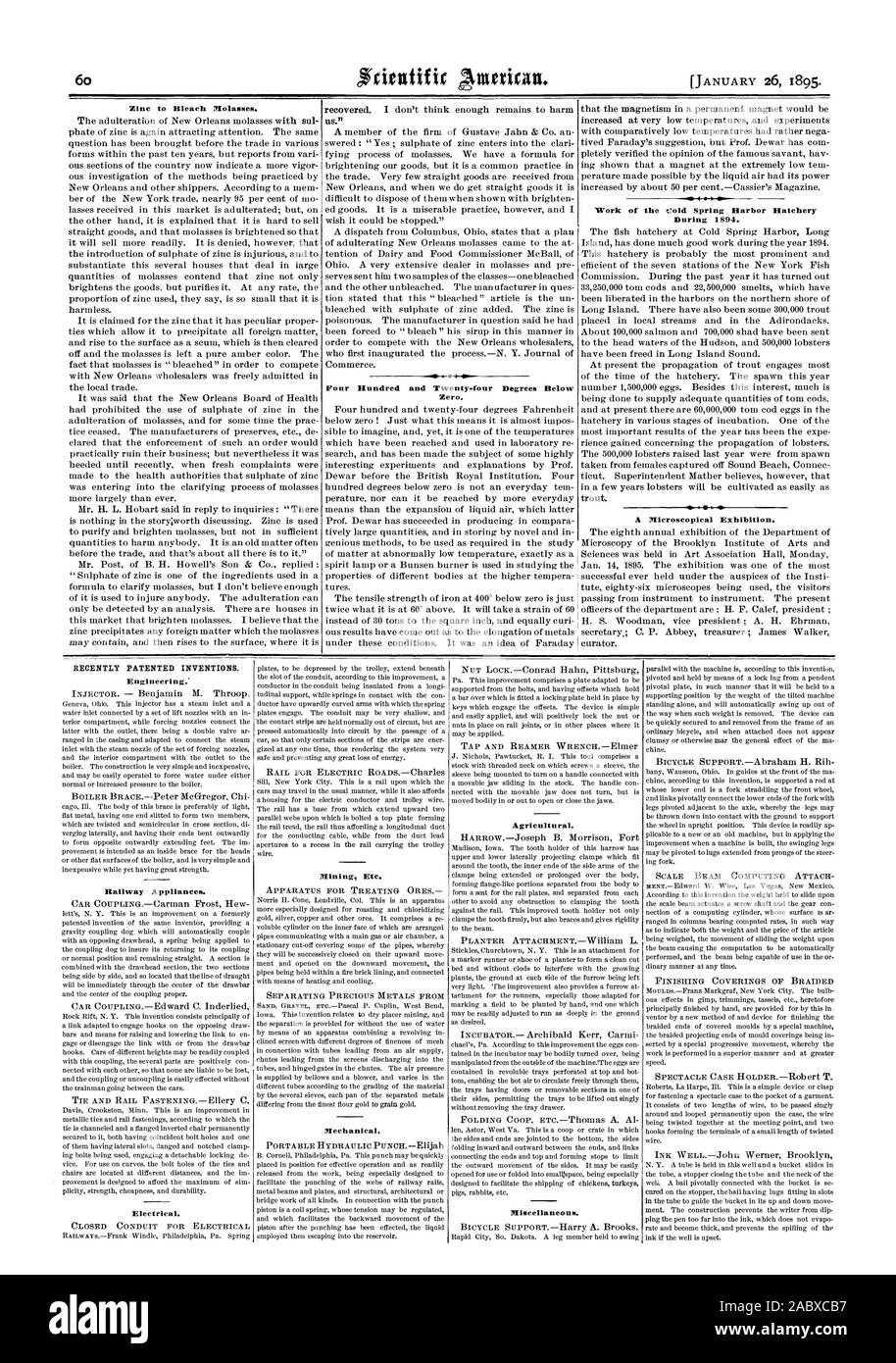 Le zinc à l'eau de Javel de la mélasse. Quatre cent vingt-quatre degrés au-dessous de zéro. Travaux de l'écloserie de Cold Spring Harbor au cours de 1894. Une exposition à l'échelle microscopique. Récemment les inventions brevetées en génie.' Couloir Appareils. Installation électrique. Mining Etc. Mécanique. Agricole. Divers., Scientific American, 1895-01-11 Banque D'Images