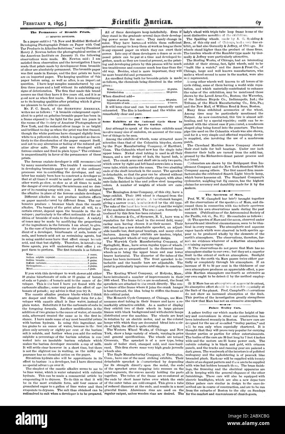 Certaines expositions au National Cycle Show au Madison Square Garden. Le spectre de Mars. Palace Trolleybus. La permanence de méthyle s'imprime. L'amélioration du développeur., Scientific American, 1895-02-02 Banque D'Images