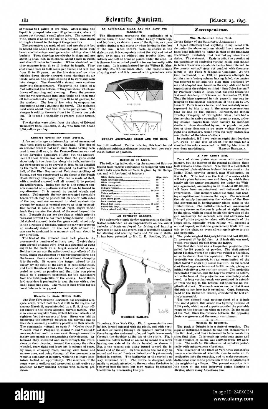 Les Trains blindés pour la défense côtière. Les bicyclettes de milice d'État. Une Cigogne ET PARE-SOLEIL POUR CHARIOTS. HOOD JETÉ RACK. MURRAY ET TEMPÊTE AJUSTABLE PARE-SOLEIL. La réflexion de la lumière. Le papier peint jaune 40 ' l'amélioration de la rame. SCUDDER'S RAME. en découlent en dévissant l'axe. Ciorreeponbence. Le Test des couleurs mécanique. Un nouveau test d'armure. Orizaba en éruption. Mexique où beaucoup d'Américains vivent. id $6 4.1, Scientific American, 1895-03-23 Banque D'Images