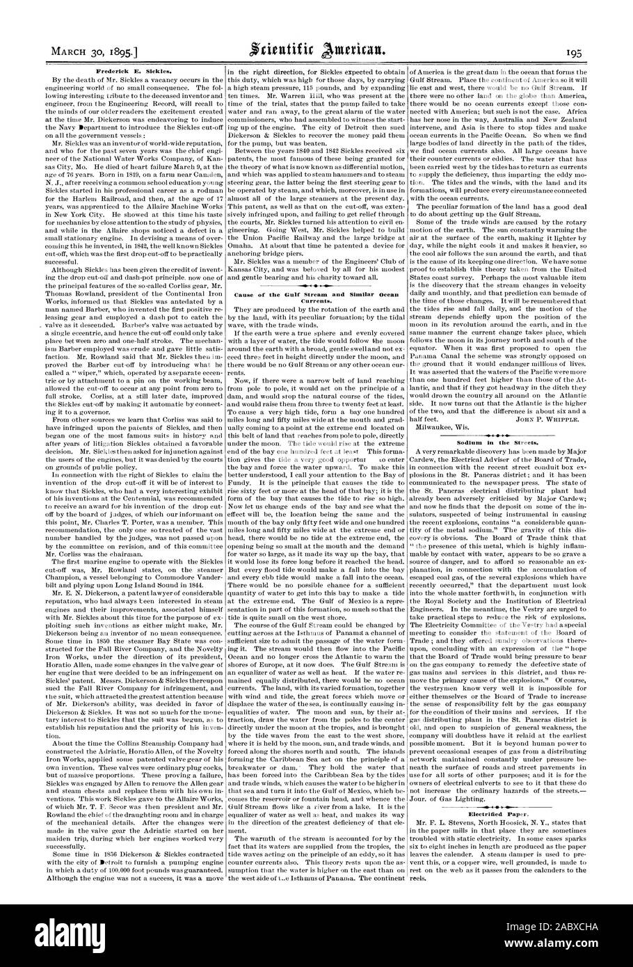 Frederick E. faucilles. Cause du Gulf Stream et des courants océaniques. Le sodium dans les rues. Électrifié. Papier, Scientific American, 1895-03-30 Banque D'Images