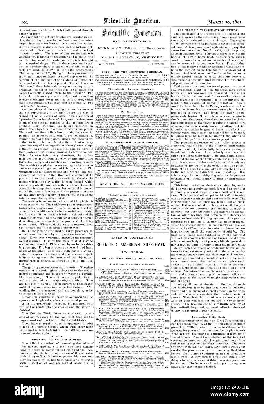 L'eau. No:161 BROADWAY NEW YORK. La TRANSMISSION ÉLECTRIQUE DE L'énergie. .0 J 0 après l'autre de la plaque jusqu'à ce qu'il soit fondu., Scientific American, 1895-03-30 Banque D'Images