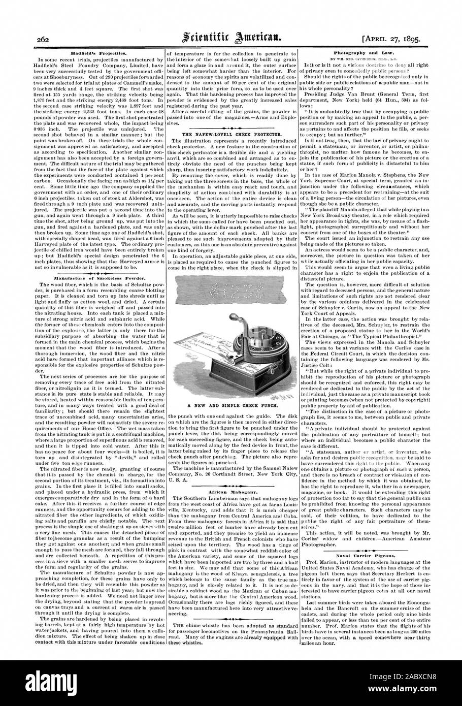 Hadfield Projectiles. Fabrication de la poudre sans fumée. L'acajou d'Afrique. La photographie et la Loi. Par WM. GEO. OPPENHEIX PH.D. L.B. Pigeons Voyageurs. navale, Scientific American, 1895-04-27 Banque D'Images