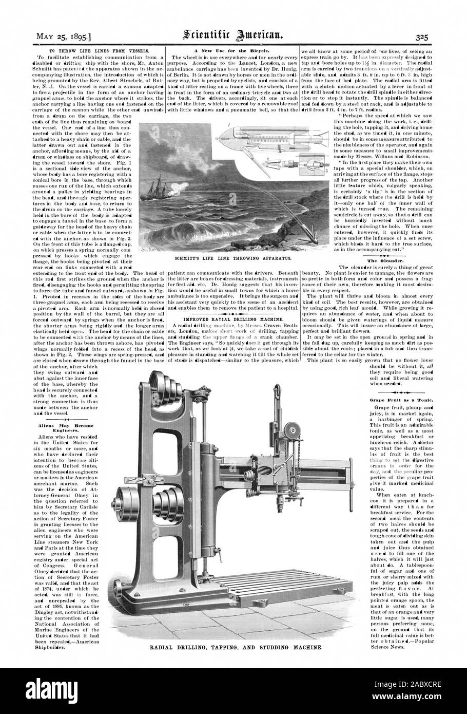 Lignes de vie À JETER DES NAVIRES. Les étrangers ne peuvent devenir ingénieurs. Une nouvelle utilisation de la bicyclette. Perceuse radiale améliorée. Le laurier-rose. Fruit de raisin comme tonique., Scientific American, 1895-05-25 Banque D'Images