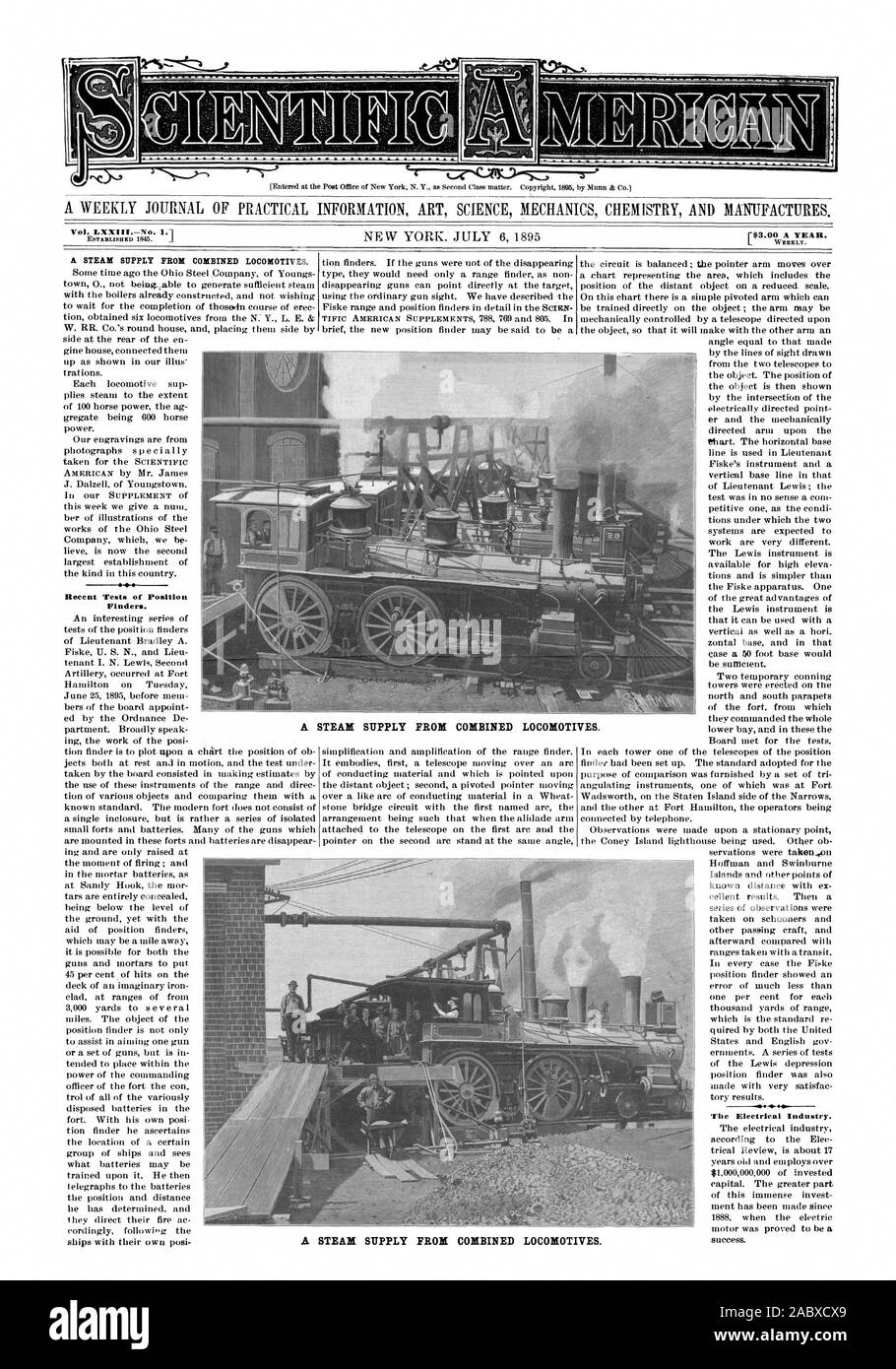 Un journal hebdomadaire D'INFORMATIONS PRATIQUES ART SCIENCE MÉCANIQUE CHIMIE ET PRODUITS MANUFACTURÉS. Vol. LXXIIINo. I. créé en 1845. Une fois par semaine. Un APPROVISIONNEMENT EN VAPEUR DE LOCOMOTIVES combinées. De récents tests de détecteurs de position. succès. Un APPROVISIONNEMENT EN VAPEUR DE LOCOMOTIVES combinées. Un APPROVISIONNEMENT EN VAPEUR DE LOCOMOTIVES. combiné, Scientific American, 1895-07-06 Banque D'Images