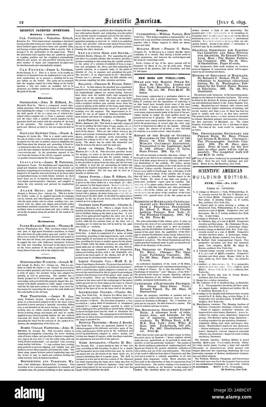Récemment les inventions brevetées. De nouveaux livres et de publications. Juin 1895.-(no 60, Scientific American, 1895-07-11 Banque D'Images