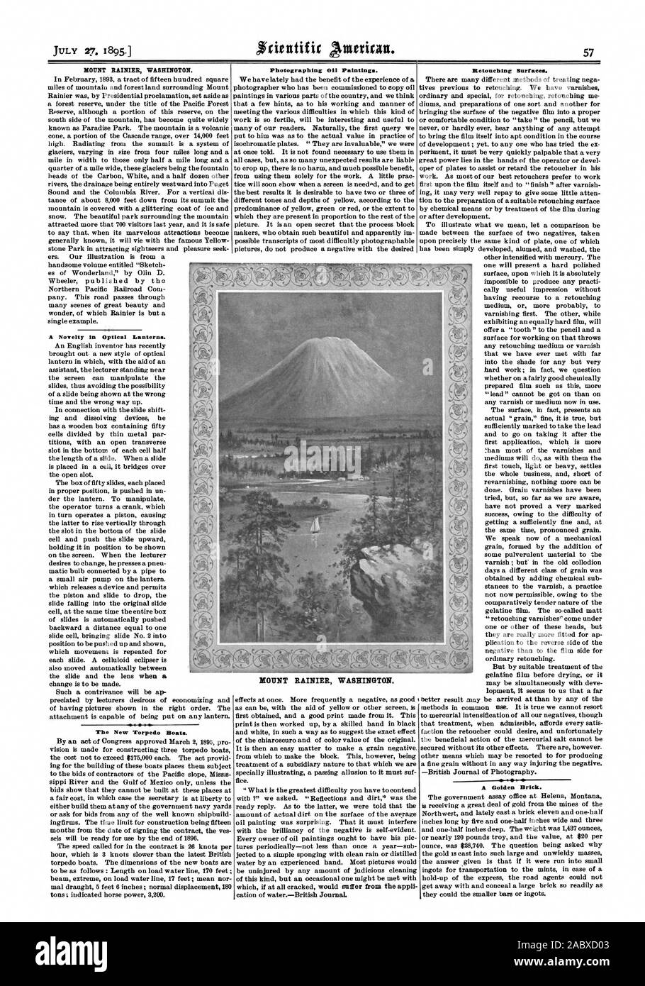 Le mont Rainier WASHINGTON. Une nouveauté dans l'optique des lanternes. La nouvelle des torpilleurs. La photographie 0 peintures. Retoucher les surfaces. Une brique d'or. Le mont Rainier WASHINGTON., Scientific American, 1895-07-27 Banque D'Images