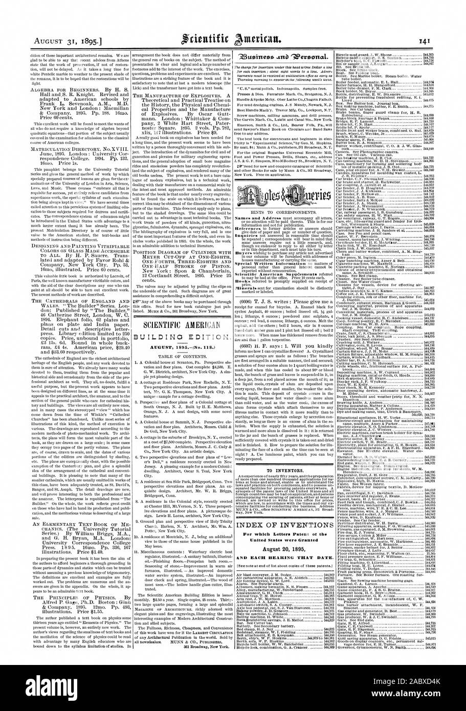 Le 31 août 1895. Édition du bâtiment. Août 1895.-(no 8.) Z)e monde 'Weroonal. Pour les inventeurs. INDEX DES INVENTIONS pour lesquelles Lettres patentes de l'United States ont obtenu 20 août 1895 &ND CHAQUE ROULEMENT CETTE DATE., Scientific American, 1895-08-31 Banque D'Images