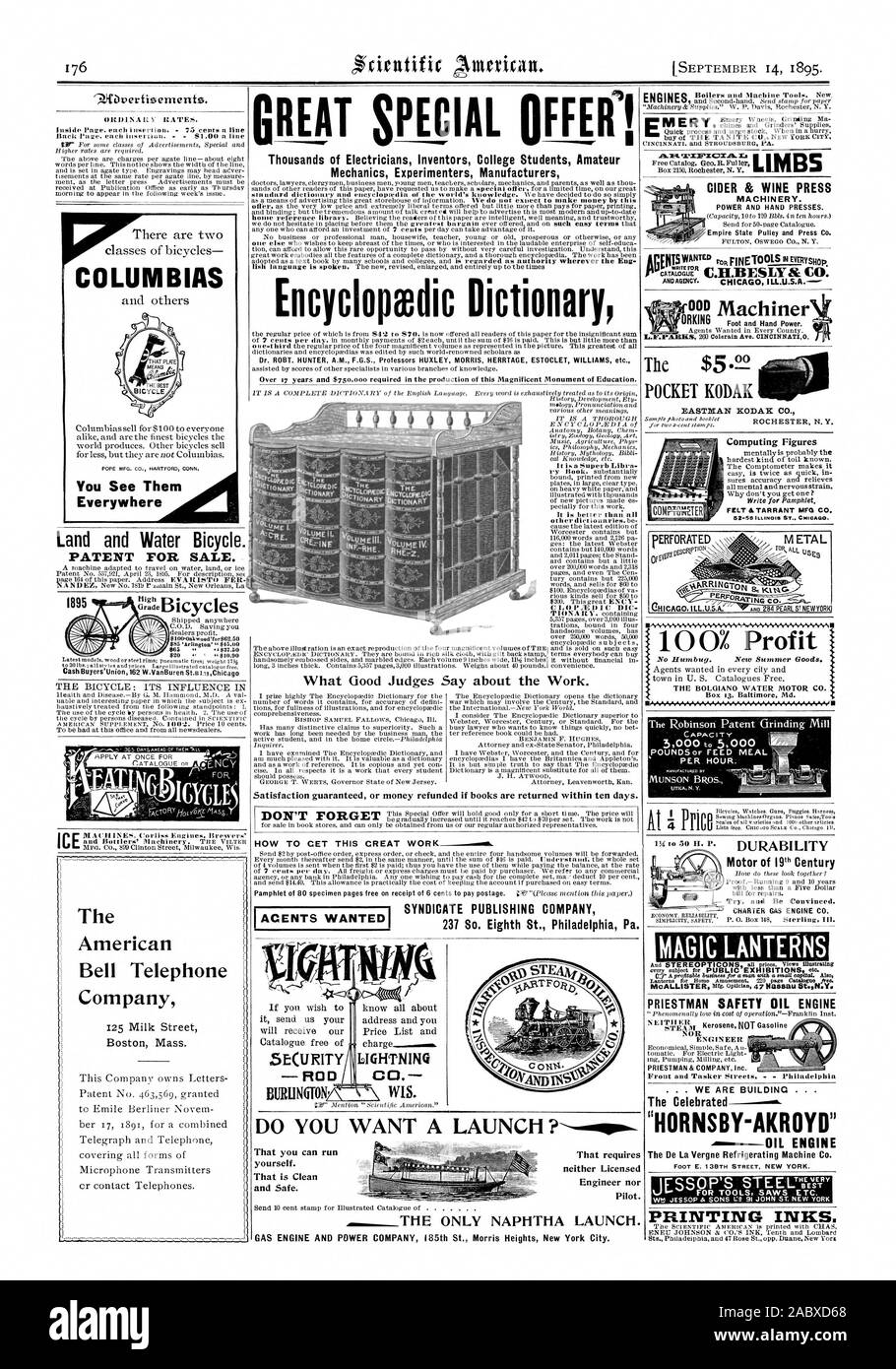 Vous les voyez partout la terre et eau Vélo BREVET POUR LA VENTE. Une machine adaptée pour voyager sur les terres de l'eau ou de la glace d'être avait à ce bureau et de tous les marchands de journaux. Pour les cycles "FA-croiTHot451.friAss l'American Bell Telephone Company C.O.D. Vous permet d'économiser une grande OFFRE SPÉCIALE' des milliers d'étudiants du Collège Inventeurs Électricien Mécanicien Amateur Encyclopffldic Fabricants expérimentateurs Dictionary M. Robt. HUNTER H F.G.S. HERRTAGE ESTOCLET professeurs HUXLEY MORRIS WILLIAMS etc. C L 0 PIE D I C DIC que vous pouvez exécuter vous-même. C'est propre et sûr. Qui ne requiert ni ingénieur, ni d'une licence Banque D'Images