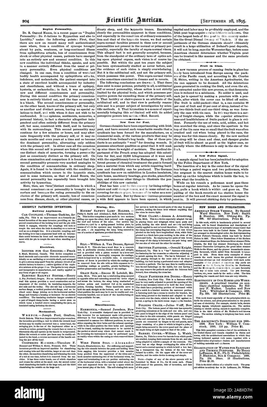 Récemment les inventions brevetées. Nouveaux LIVRES ET PUBLICATIONS., Scientific American, 1895-09-11 Banque D'Images