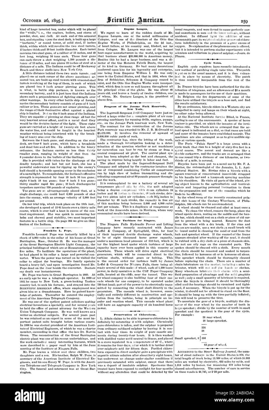 Le 26 octobre 1895. Franklin L. Le pape. Eugène Langen. Progrès de la Jerome Réservoir Parc New York. Nouvelles Turbines de Niagara. La préservation du chloroforme. Notes du cycle., Scientific American, 1895-10-26 Banque D'Images Le 26 octobre 1895. Franklin L. Le pape. Eugène Langen. Progrès de la Jerome Réservoir Parc New York. Nouvelles Turbines de Niagara. La préservation du chloroforme. Notes du cycle., Scientific American, 1895-10-26 Banque D'Images