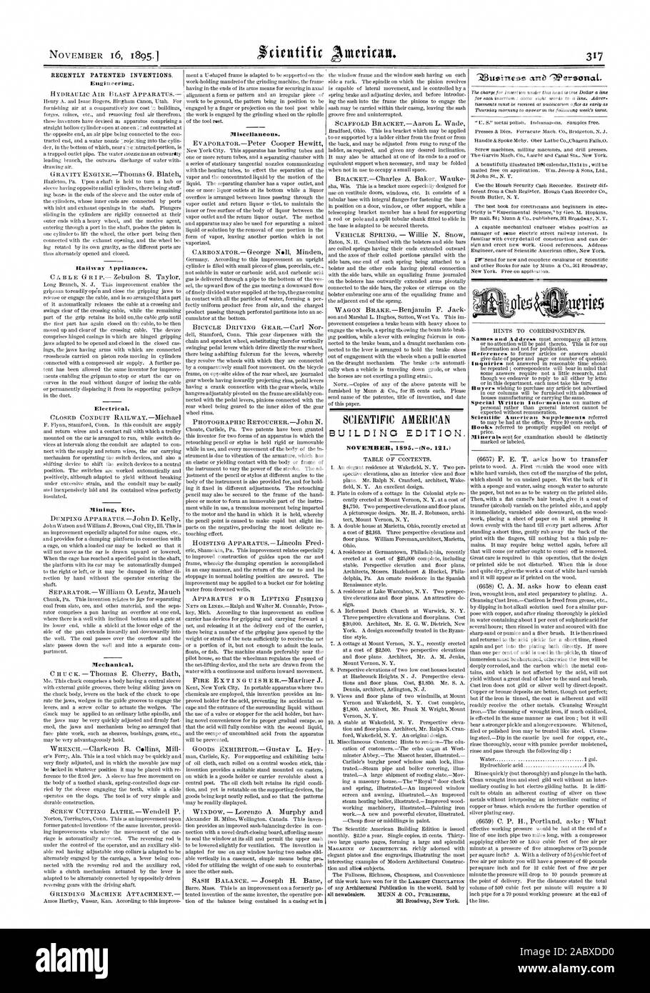 Récemment les inventions brevetées. SCIENTIFIC AMERICAN BT-IILDINO EDITION. Novembre 1895 (n. 121.), 1895-11-16 Banque D'Images