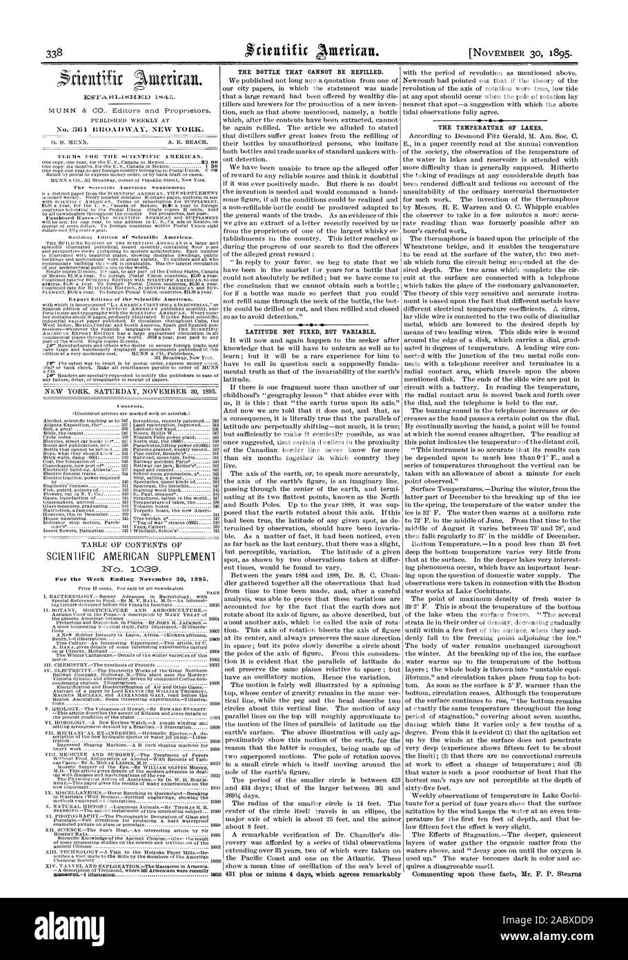 Pour la semaine se terminant le 30 novembre 1895. La température des lacs., Scientific American, 1895-11-30 Banque D'Images