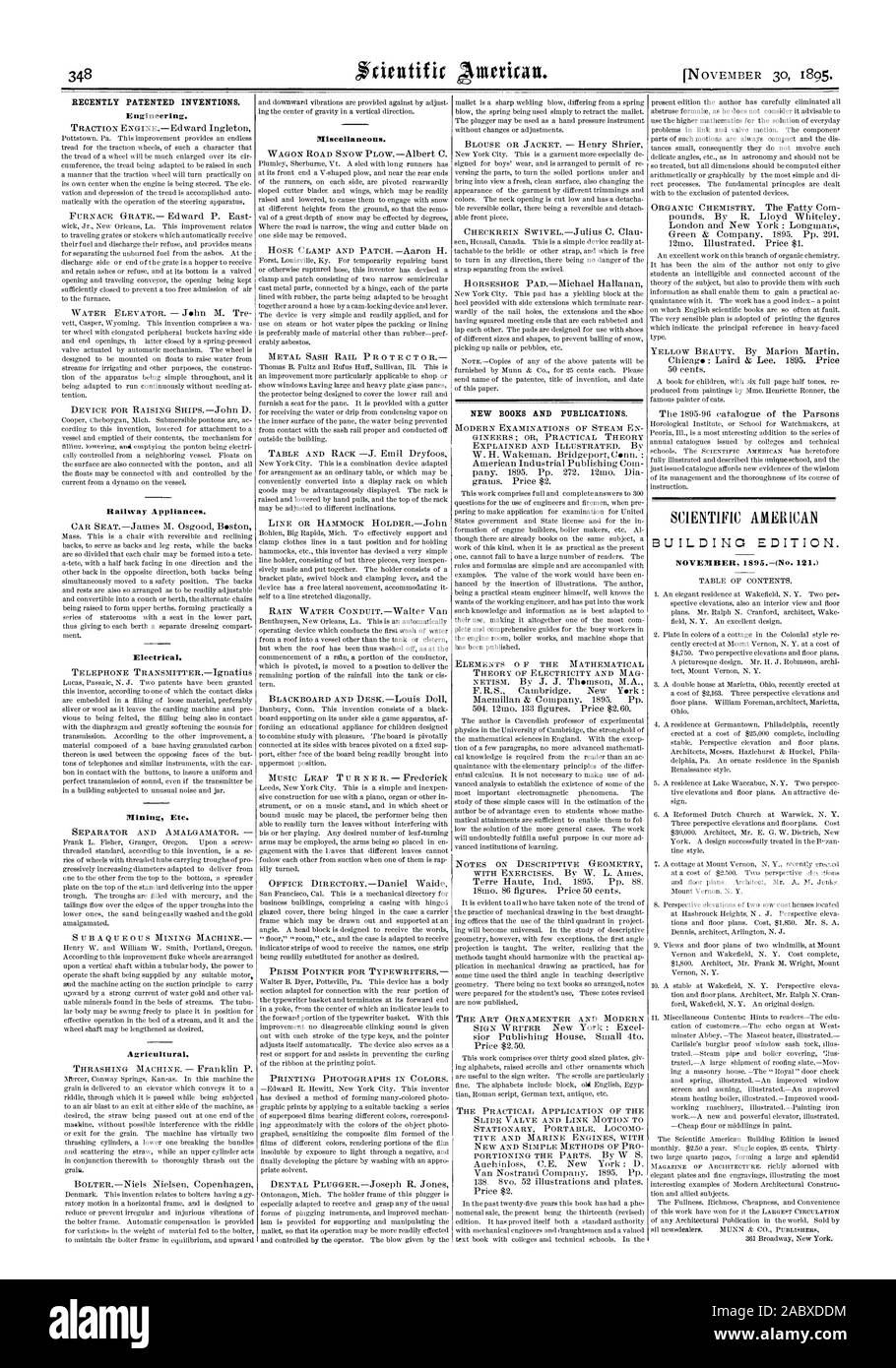Récemment les inventions brevetées. L'ingénierie. Nouveaux LIVRES ET PUBLICATIONS., Scientific American, 1895-11-11 Banque D'Images