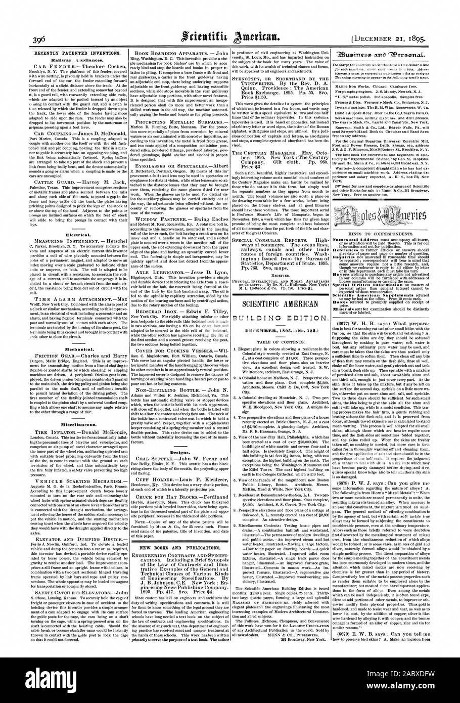 Récemment les inventions brevetées. De nouveaux livres et de publications. Édition du bâtiment., Scientific American, 1895-12-11 Banque D'Images