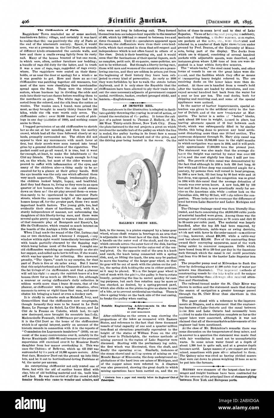 Le Chilfonniers de Paris. Une amélioration de la bobine. HALLECK'S BOBINE DE PÊCHE. Philadelphie., Scientific American, 1895-12-28 Banque D'Images