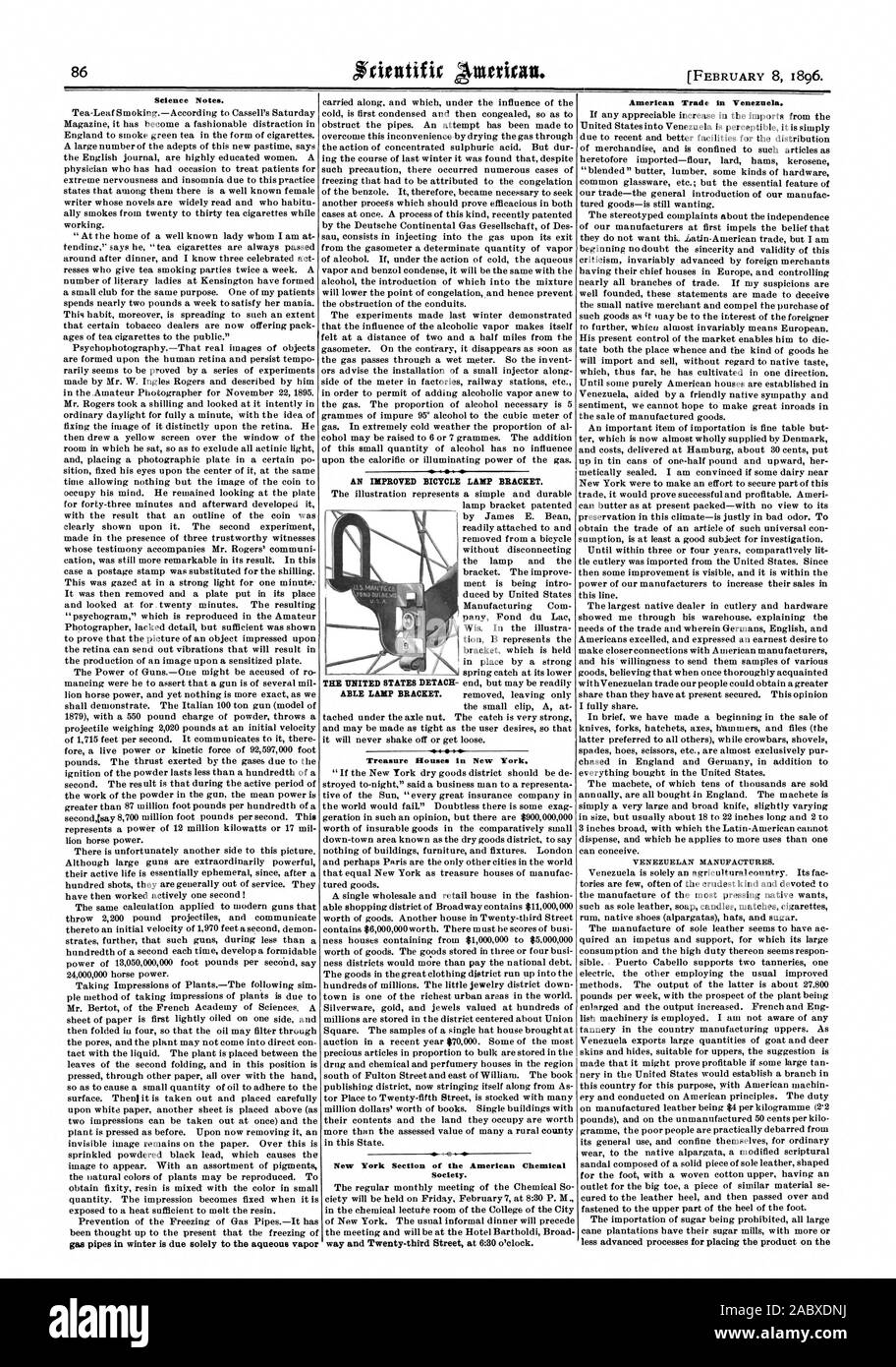 Notes Scientifiques. Une meilleure location maisons de trésor à New York. La Section de New York de l'American Chemical Society. Les États-unis SE DÉTACHER LE SUPPORT DE FEUX EN MESURE. Support de lampe. Le commerce américain au Venezuela., Scientific American, 1896-02-08 Banque D'Images