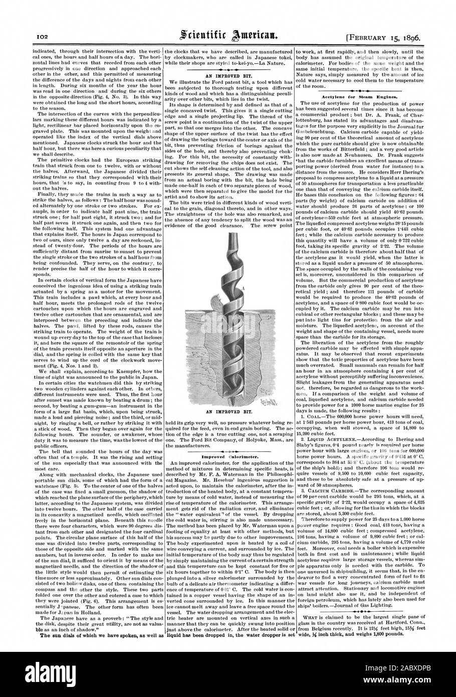 Les cadrans solaires dont nous avons parlé ainsi qu'une amélioration de peu. Calorimètre améliorées. liquide est tombé dans l'eau compte-gouttes est défini pour les locomotives à vapeur de l'acétylène. large pouce d'épaisseur et pèse 1800 livres. Un peu améliorée., Scientific American, 1896-02-15 Banque D'Images