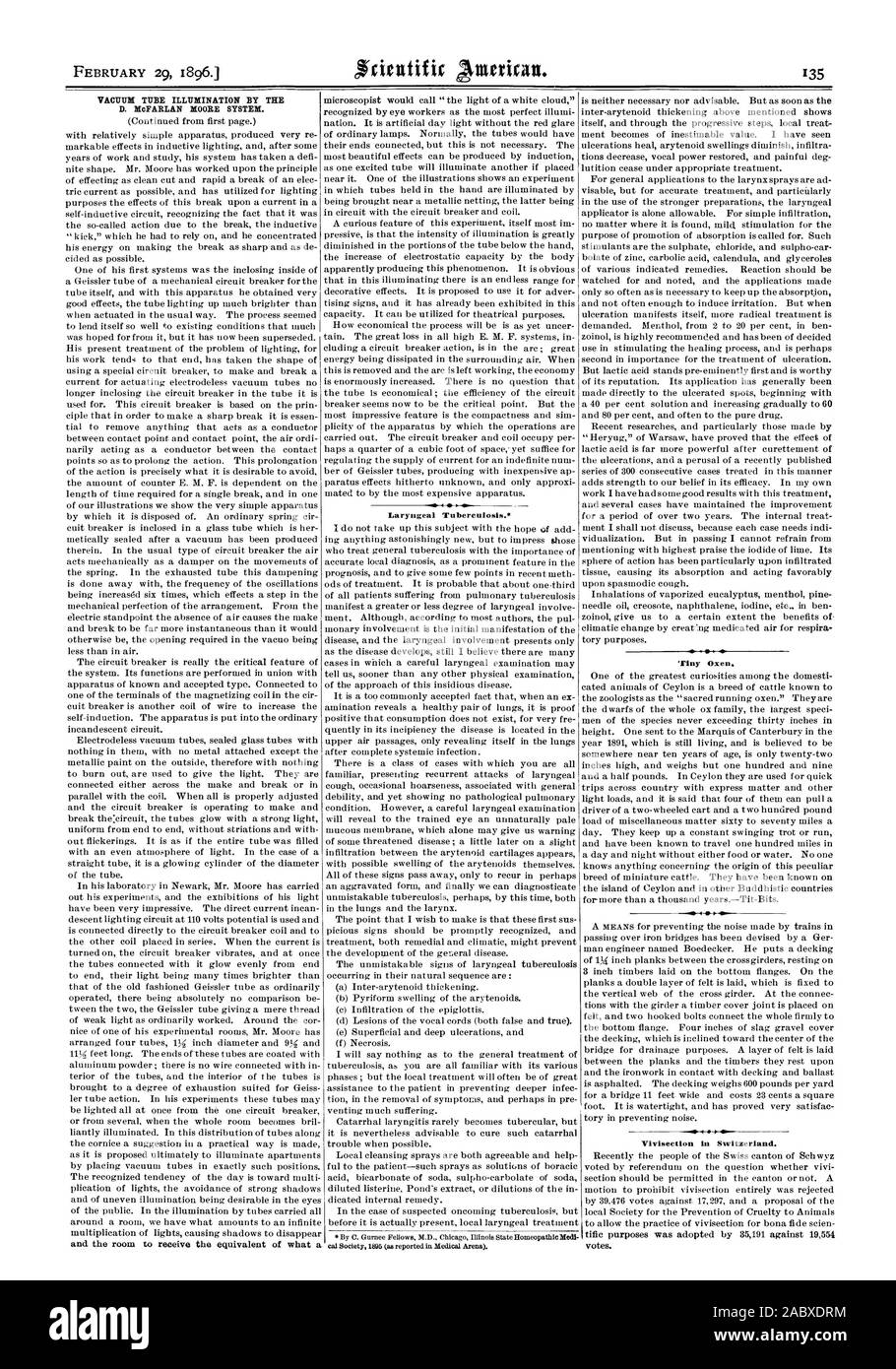 TUBE À VIDE PAR L'ÉCLAIRAGE D. McFARLAN MOORE SYSTÈME. 4 La tuberculose laryngée. cal Society 1895 (comme indiqué dans la scène médicale). Petit boeufs. La vivisection en Suisse., Scientific American, 1896-02-29 Banque D'Images