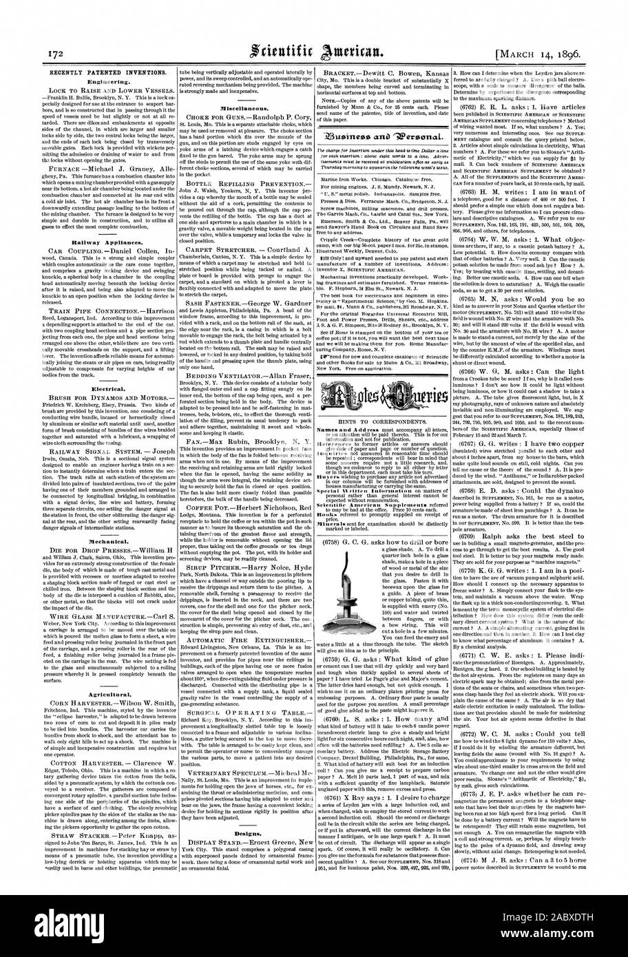 Récemment les inventions brevetées. L'ingénierie. Appareils de fer. Installation électrique. Mécanique. Agricole. Divers. Designs., Scientific American, 96-03-11 Banque D'Images