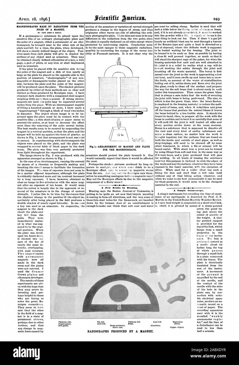 MAGNETOGRAPHS EFFECTUÉE PAR RADIATION DES PÔLES D'UN AIMANT. Par le prof. JOHN P. NoICAY. Fig. IARRANGEMENT D'AIMANT ET LA PLAQUE POUR L'MAGNETOGRAPH. Quelques petits défauts dans le brasage. Un simple Seismoseope. Radiographies PRODUITES PAR UN AIMANT., Scientific American, 1896-04-18 Banque D'Images