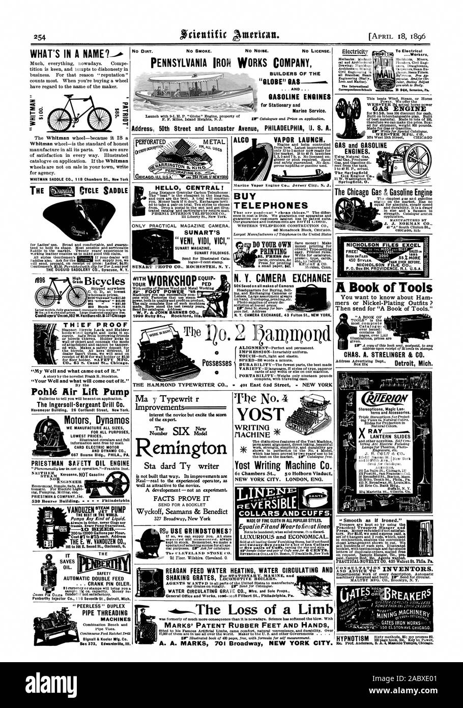 18 AVRIL 1896 50e Rue et l'adresse Avenue Lancaster Philadelphie Etats-unis WASHINGTON IRON WORKS COMPANY 'GLOBE' gaz de moteur à essence pour l'arrêt et QU'EST DANS UN NOM ?. Selle WHITMAN CO. 8 Chambers St. New York LA N EiTH NI PRIESTMAN & COMPANY.litc. 530 Construction VANDUZEN TEArm Bourse de Philadelphie POMPE LE MEILLEUR DANS L'âme tout type de pompes à liquide. se fige. Chaque garantie de la pompe. 10 tailles. 200 à 12 000 gallons par heure. L'E. W. YANDUZEN CO. 102 à 108 E. Deuxième Fleuve Cincinnati 0. L'huile. DOUBLE ALIMENTATION AUTOMATIQUE DE SÉCURITÉ . . . Maneton OILER. Y Ma Typewrit r l'intérêt des améliorations Banque D'Images