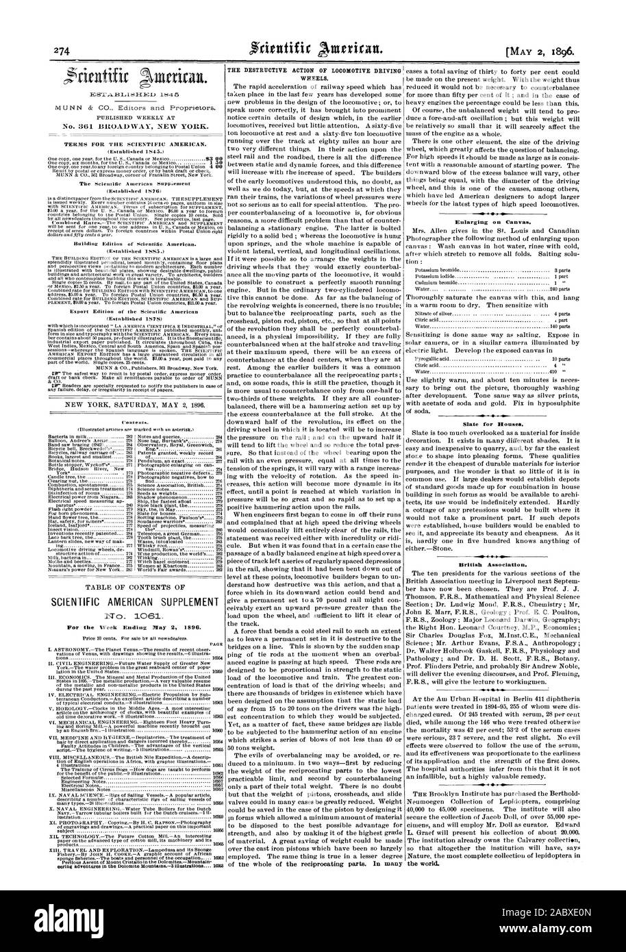 No 361 BROADWAY NEW YORK. SCIENTIFIC AMERICAN Supplément n° 1061. L'agrandissement sur toile. L'ardoise pour les maisons. Association britannique. le monde., 1896-05-02 Banque D'Images