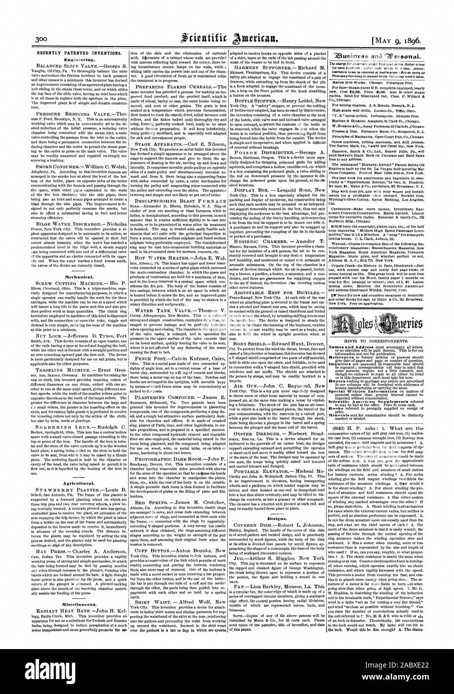 Récemment les inventions brevetées. L'ingénierie., Scientific American, 1896-05-11 Banque D'Images