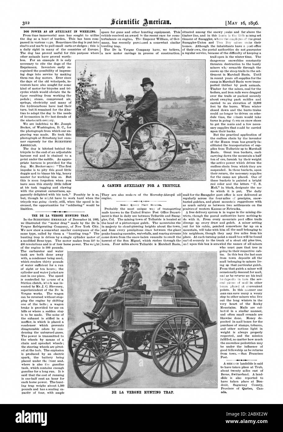 Alimentation CHIEN EN TANT QU'AUXILIAIRE À WHEELING. La CHASSE DE LA VERGNE piège. Un auxiliaire CANIN pour un tricycle. Certains itinéraires Queer. DE LA VERGNE PIÈGE DE CHASSE., Scientific American, 1896-05-16 Banque D'Images