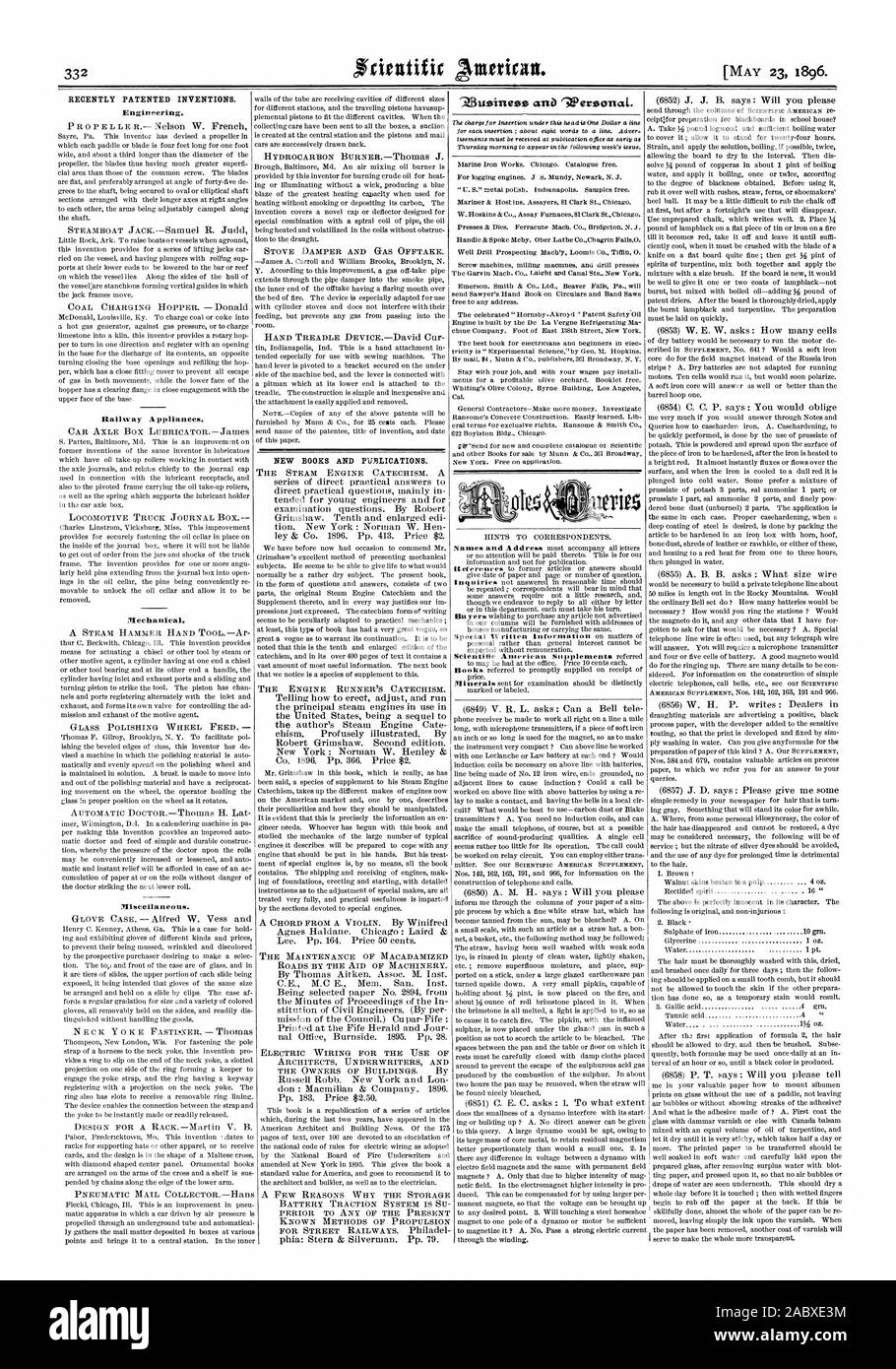 Récemment les inventions brevetées. De nouveaux livres et de publications. 'Z3usirseess Wersonal «au d., Scientific American, 1896-05-11 Banque D'Images
