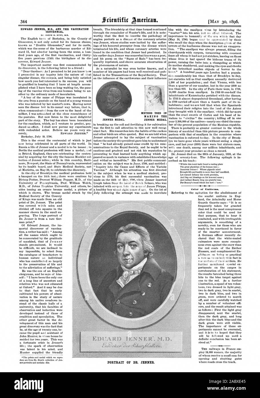 EDWARD JENNER M.D. La VACCINATION ET LE CENTENAIRE. Par Joseph H. HUNT M.D. Méthode UTILISÉE POUR PRENDRE LA MÉDAILLE DE JENNER. Médaille Jenner. Couleur des uniformes. PORTRAIT DU DR. JENNER., Scientific American, 1896-05-30 Banque D'Images