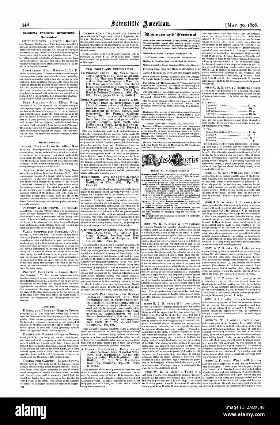 Récemment les inventions brevetées. Mécanique. De nouveaux livres et de publications. 'Ziusiness Wersonal "am)., Scientific American, 1896-05-11 Banque D'Images