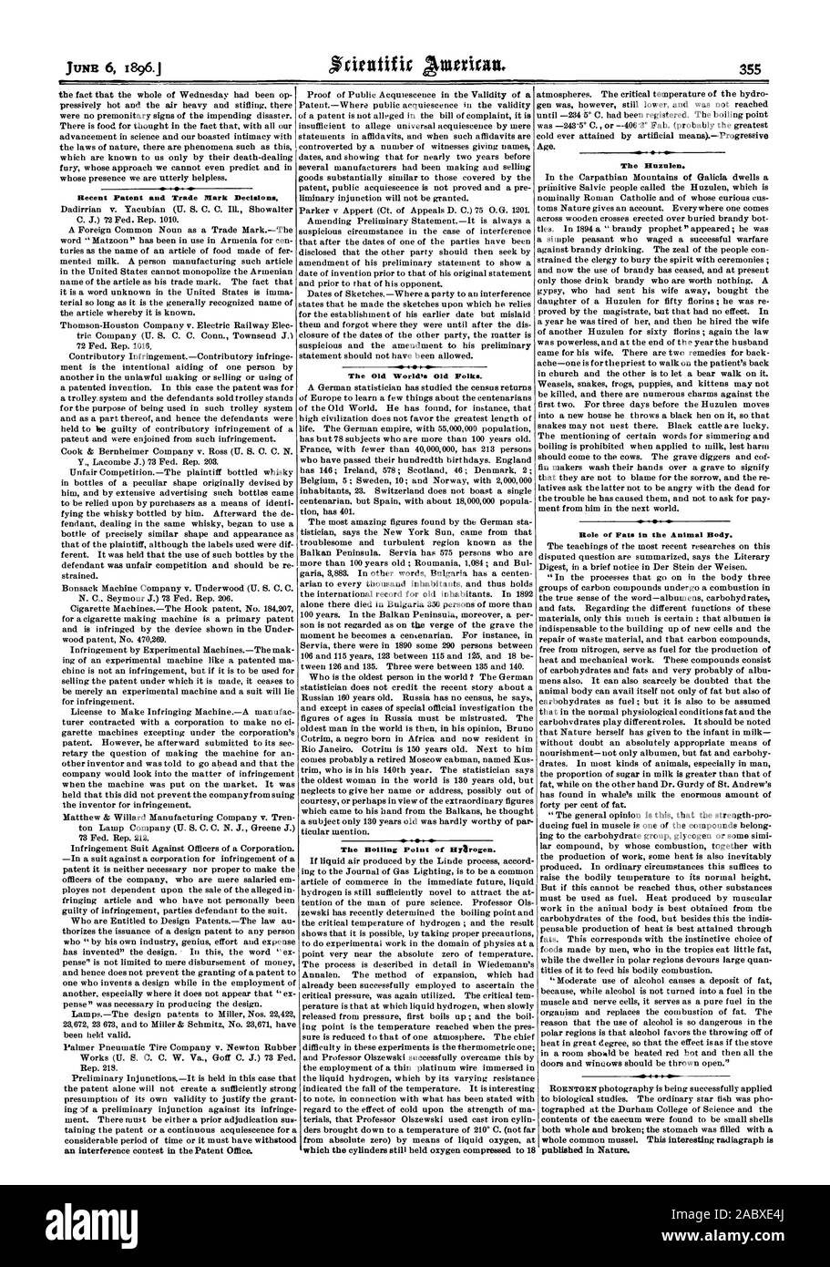 Les récentes décisions des brevets et des marques. L'Ancien Monde9s vieux gens. Le point d'ébullition de l'Ilyarogen. L'Hamden. Rôle des graisses dans le corps animal., Scientific American, 1896-06-06 Banque D'Images