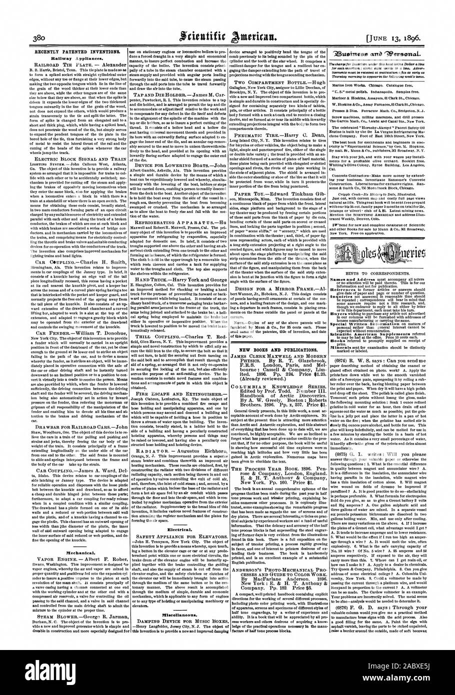 Utilisation sur les moteurs stationnaires ou des chaudières de locomotives à tirage forcé un duce pro dans un très simple et économique pour assurer une combustion parfaite et l'augmentation de la capacité de la chaudière. L'invention consiste princi pally d'un tube dans la chambre à vapeur connecté avec un bain à vapeur et d'alimentation fournis avec les ports principaux forwardly angulaire dans le tube a dit à causer le passage de vapeur et d'attirer l'air dans le tube. Récemment les inventions brevetées. Appareils de fer. Dans la construction durable. mécanique et plus spécialement conçu pour l'appareil de façon à plier de manière positive la langue du peigne auparavant Banque D'Images